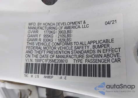 2021 Honda Civic Ex из США, поврежденный, VIN 19XFC1F35ME208610